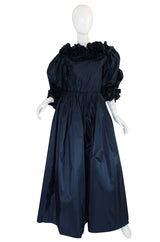 1980s Bill Blass Midnight Blue Silk Taffeta Plunging Ruffled Dress