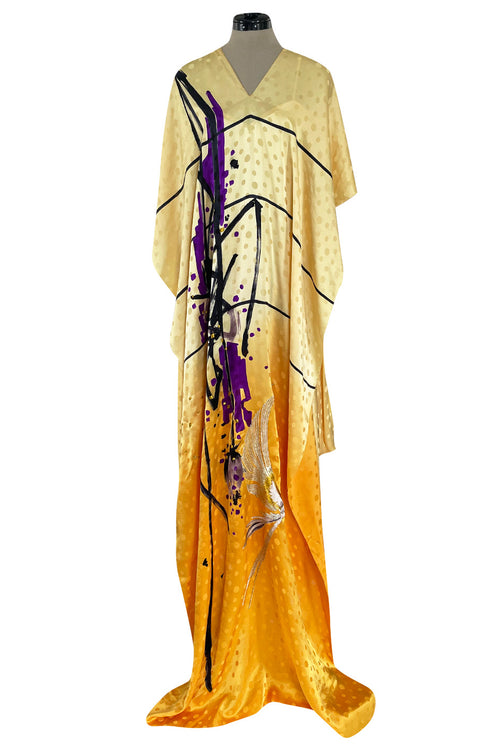 Extraordinary 1970s Holly's Harp Hand Painted Silk Multi-Wear Dress w Metallic Accents & Applique