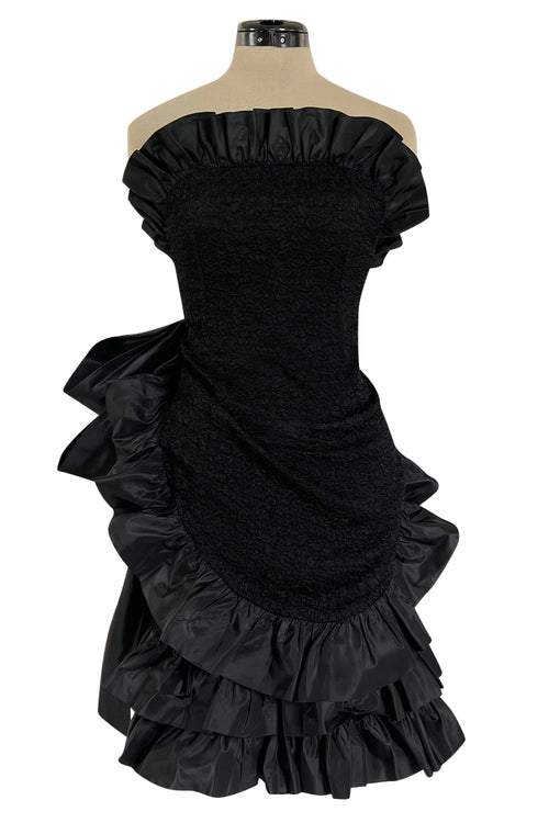 Dramatic Fall 1987 Yves Saint Laurent Strapless Silk & Taffeta Dress w Ruffles & Bow