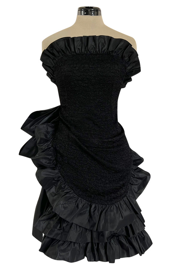 Dramatic Fall 1987 Yves Saint Laurent Strapless Silk & Taffeta Dress w Ruffles & Bow
