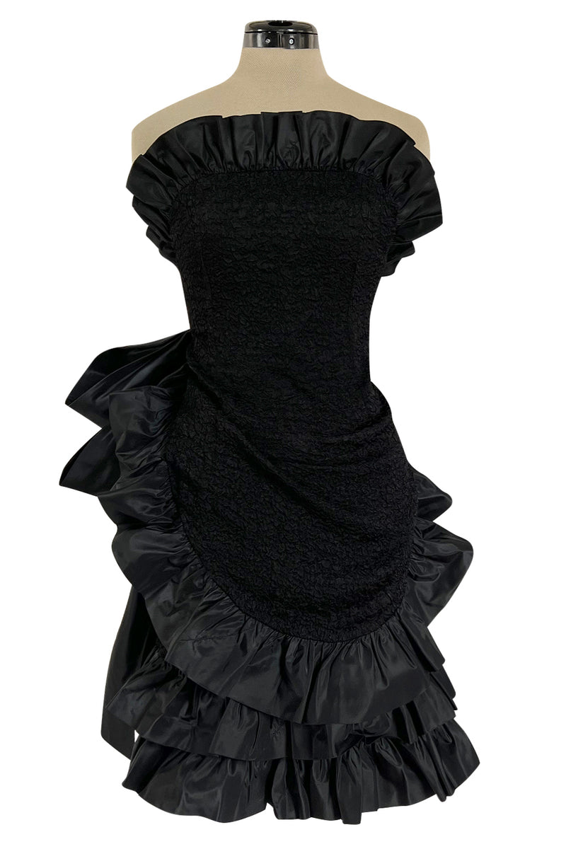 Dramatic Fall 1987 Yves Saint Laurent Strapless Silk & Taffeta Dress w Ruffles & Bow