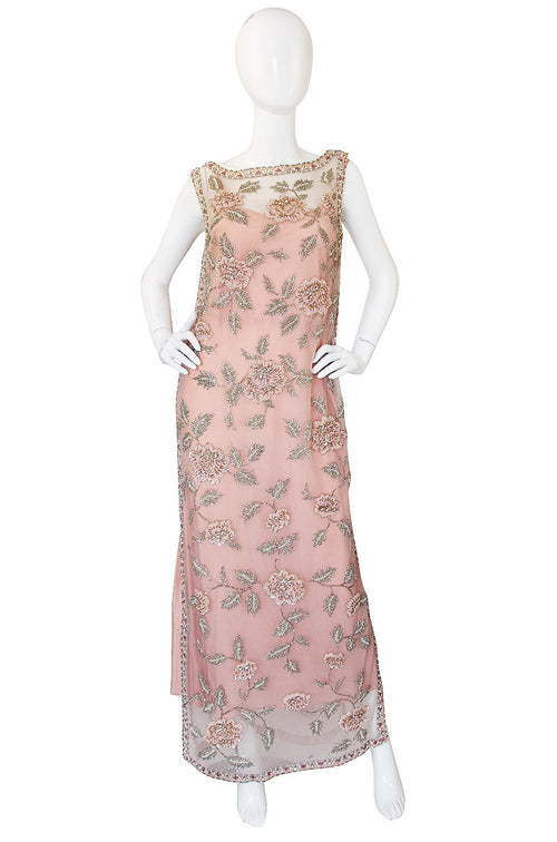 1960s French Hand Bead & Rhinestone Net Gown
