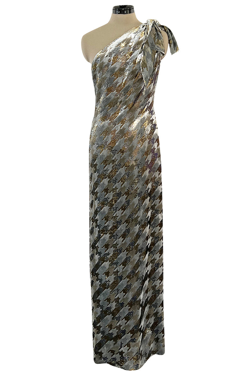 1970s Mollie Parnis Metallic Silver Gold & Copper Fluid Velvet One Shoulder Dress