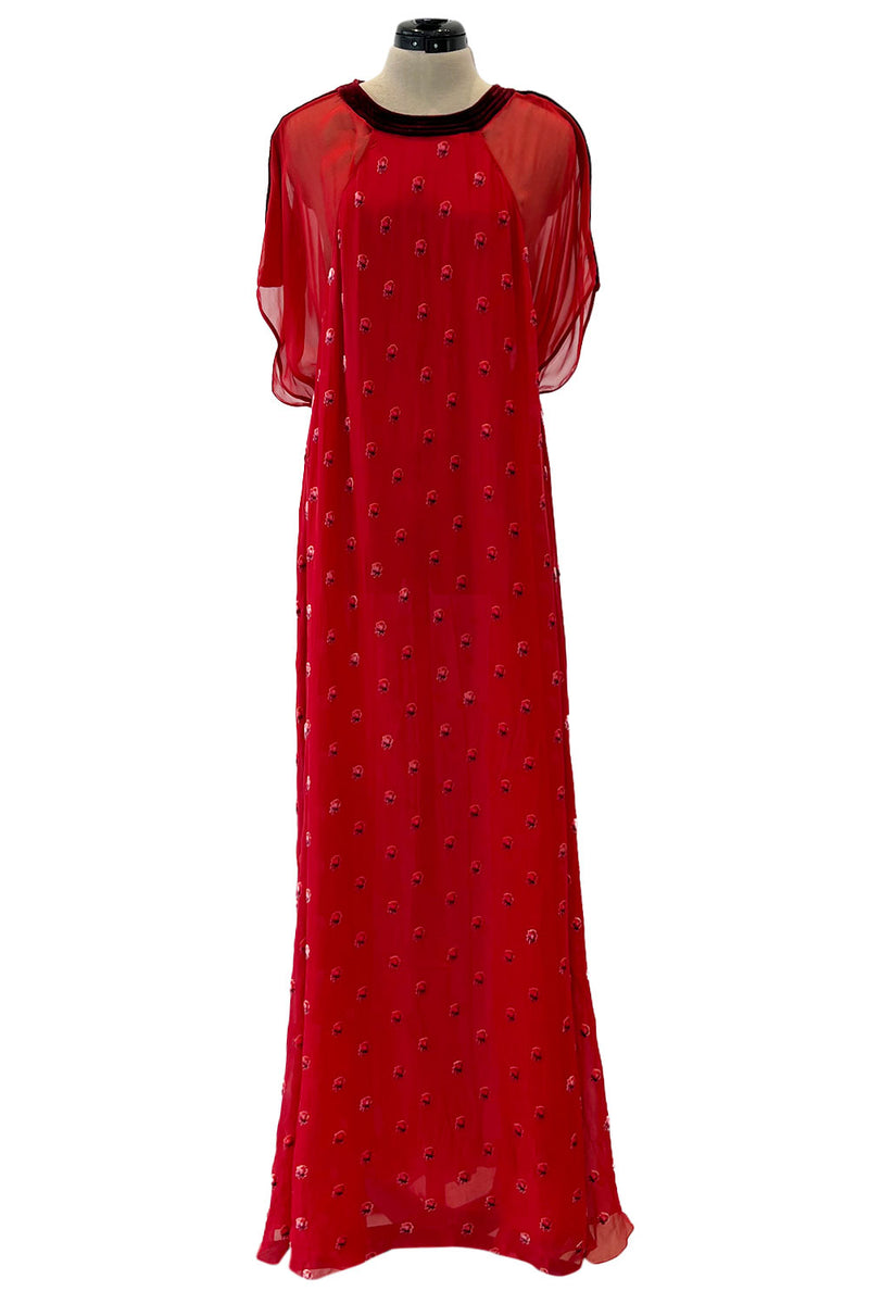 Prettiest Spring 2018 Valentino Runway Red Silk Chiffon Dress w Fused Velvet Rose Print