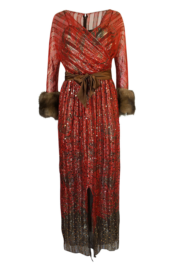 Fall 1979 Bill Blass Couture Hand Sequin Gold & Red Silk Chiffon Dress