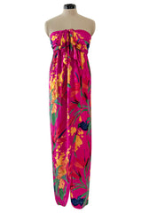 1980s Oscar de la Renta Vivid Pink Silk Wrap Strapless Dress w A Bright Floral Print