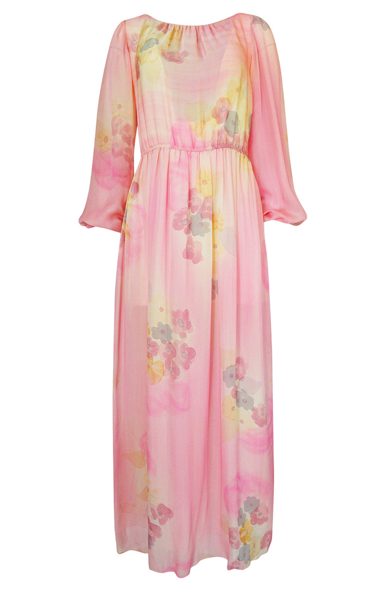 1970s Unlabelled Soft Pink & Pastels Floral Print Silk Chiffon Dress
