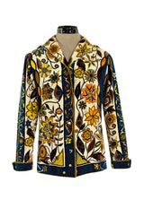 1960s Emilio Pucci Ivory, Yellow, Tan & Deep Blue Print Cotton Velvet Jacket