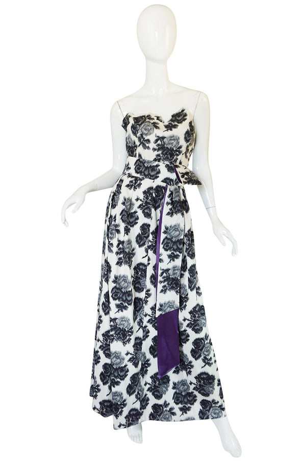 1960s Washed Graphic Floral Print Strapless Gown