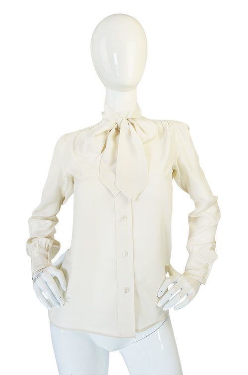 1970s Yves Saint Laurent Cream Silk Tie Neck Top