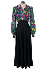 Chic 1930s Silky Rayon Vibrant Floral Printed Dress w Flared Black Crepe Skirt
