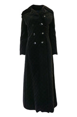 1960s Unlabeled Inky Black Velvet Crossed Stitched Quilted Great Coat