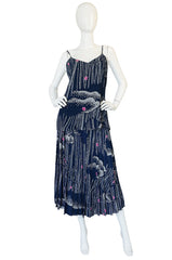 1970s Hanae Mori Slk Bamboo & Flower Print Skirt & Top
