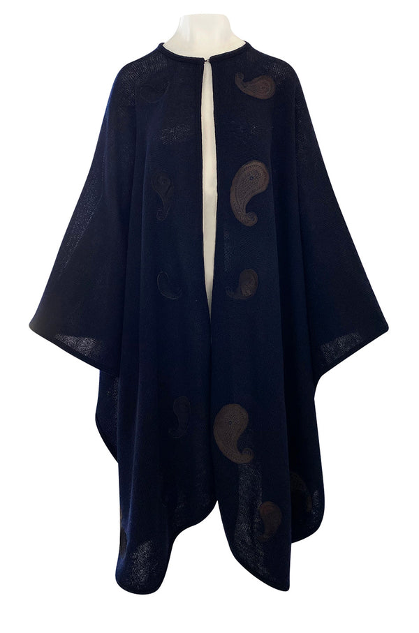 1970s Christian Dior Deep Blue Knit Poncho Cape w Leather Appliqué Work
