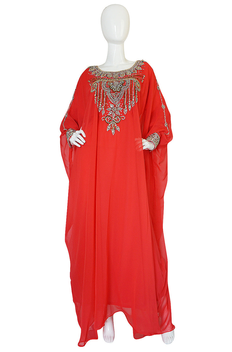 1960s Elaborate Crystal Covered Jewelled Red  Caftan Dress