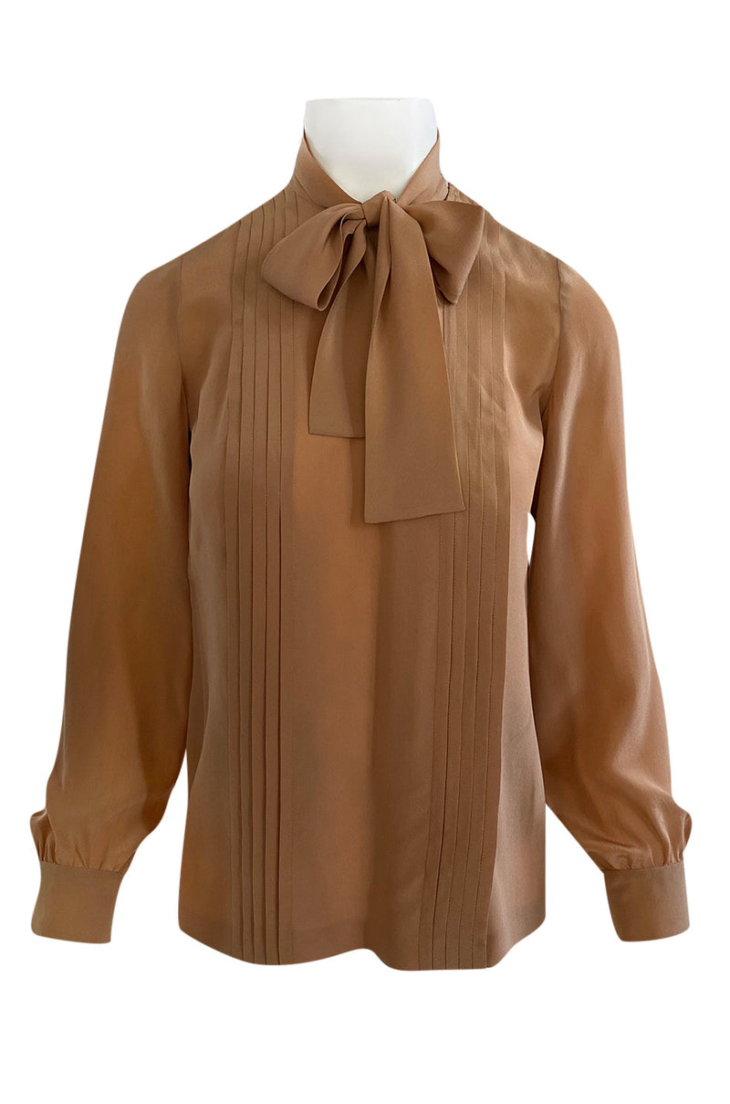 1970s Chanel True Haute Couture Pleated Front Silk Top w Bow & French Cuffs