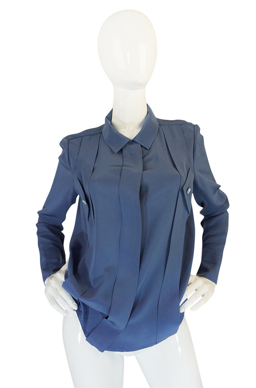 1980s Karl Lagerfeld Blue Silk Button Front Top
