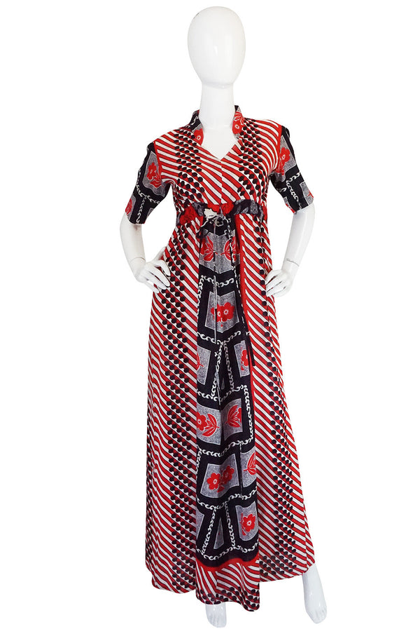 1960s Dramatic Cotton Print Red Maxi Dress