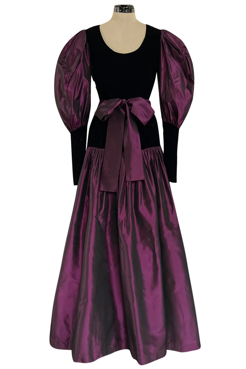 Vintage 80s Fit & Flare Jersey Dress Full Skirt Purple Pockets 