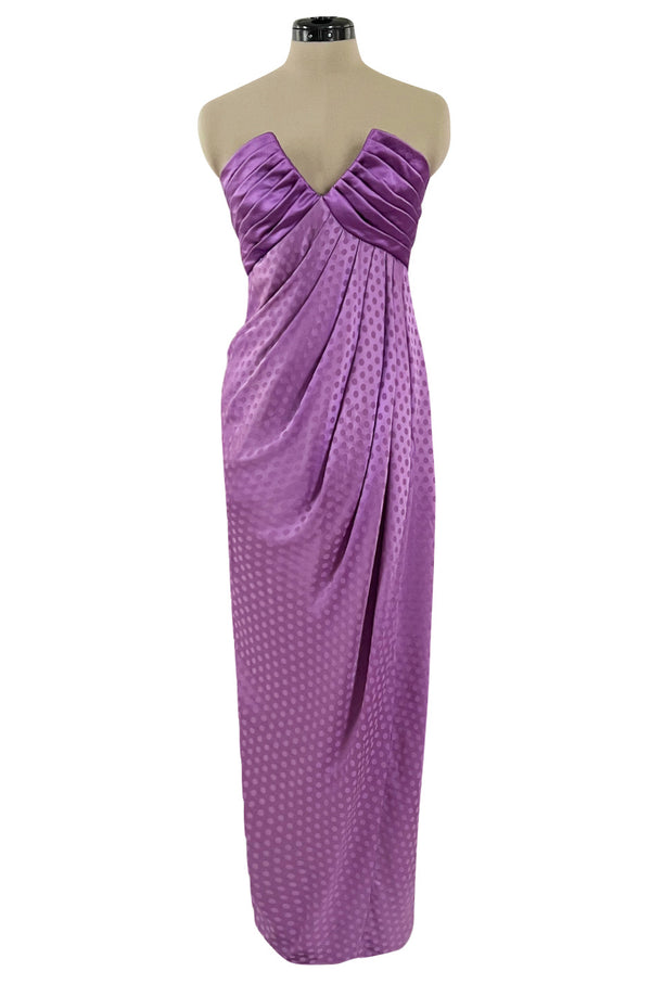 Fall 1985 Emanuel Ungaro Runway Structured Bodice Strapless Dress Made from a Dotted Purple Silk