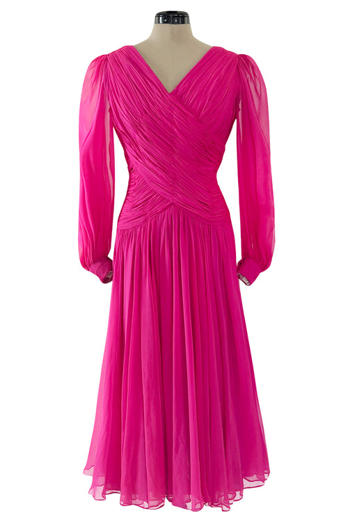 Gorgeous 1980s Richeline 'Valentino' Pink Silk Chiffon Dress w Full Sleeves & Plunge Front