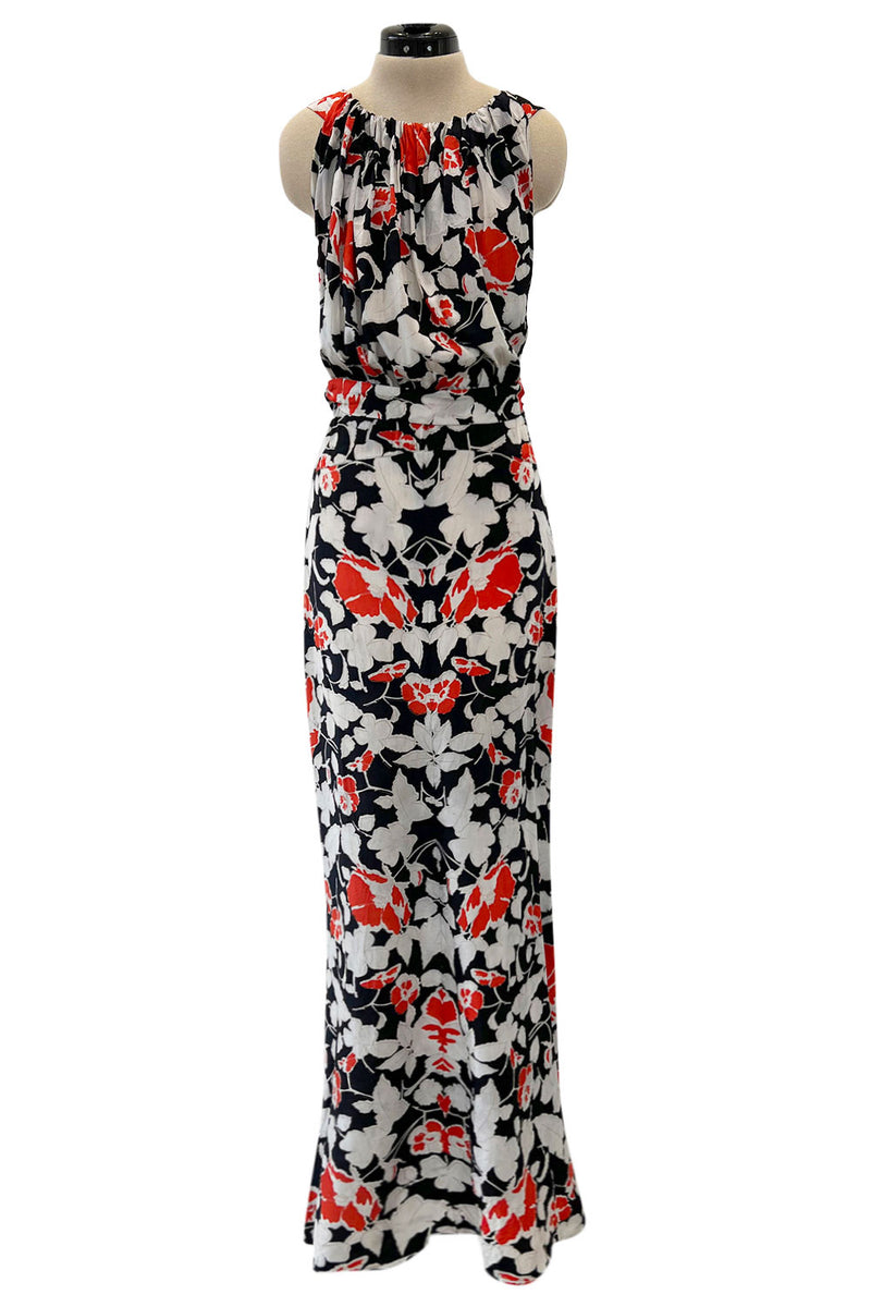 Stunning 1930s Coral, Black & Pale Grey Floral Silk Print Bias Cut Backless Dress