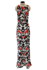 Stunning 1930s Coral, Black & Pale Grey Floral Silk Print Bias Cut Backless Dress