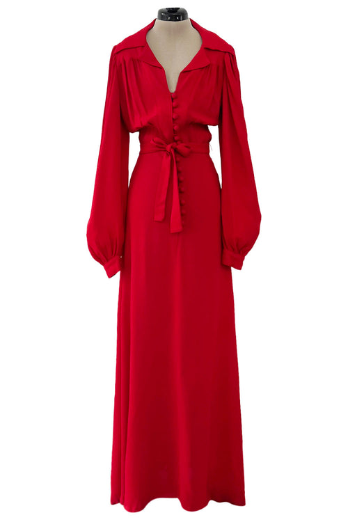 Fabulous c.1969 Ossie Clark Red Moss Crepe Dress w Bishop Sleeves, Button Front & Pointed Collar