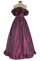 1970s Victor Costa Iridescent Deep Burgundy Purple Silk Taffeta Dress with Strapless Ruffled Neckline