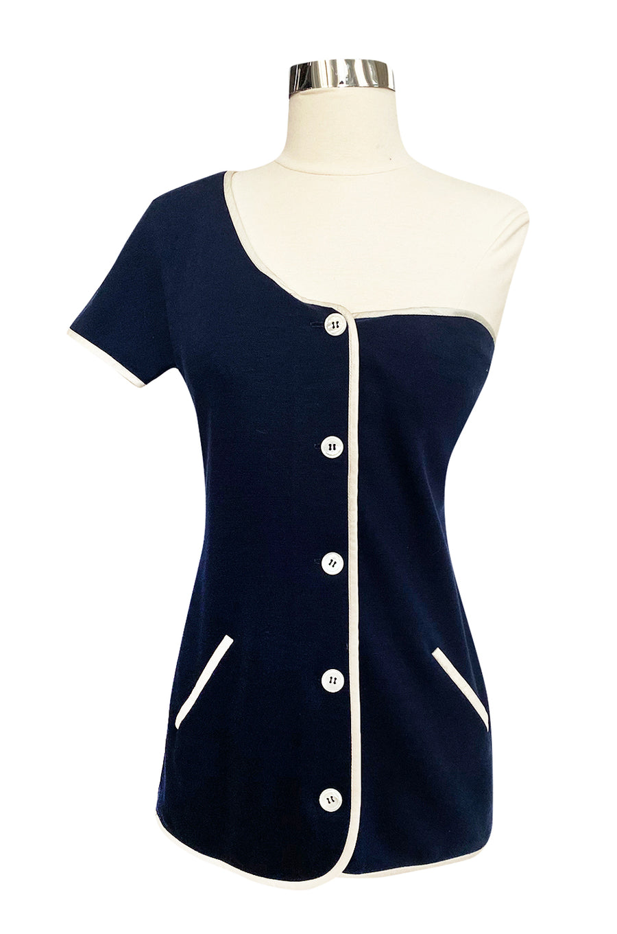 トップス archive geoffrey beene piping knit 1992 Geoffrey Beene One Shoulder Navy w White Piping Top