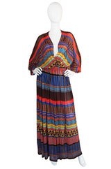 1970s Gottex Plunging Striped Wrap Caftan Dress