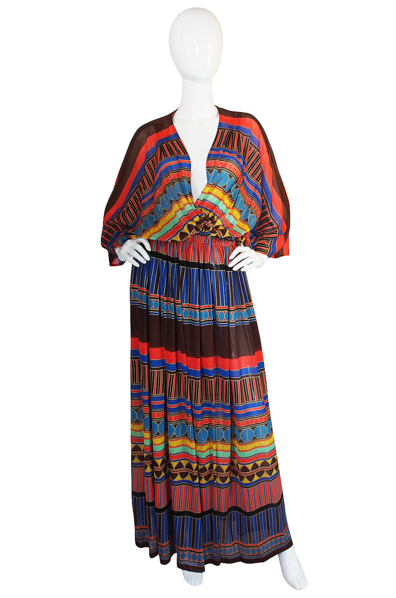 1970s Gottex Plunging Striped Wrap Caftan Dress