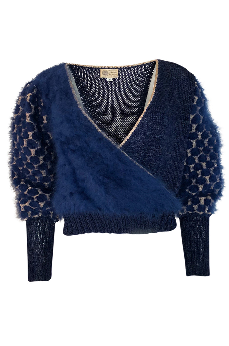1970s Cropped Blue Mohair, Wool & Gold Metallic Plunge Sweater