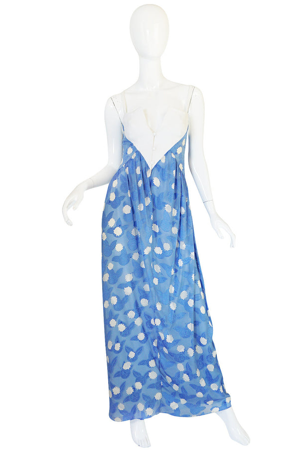 Rare 1970s Courreges Printed Blue Silk Chiffon Dress
