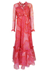 c.1976 Nina Ricci Silk Voile Pink Paisley Print Ruffle Trim Dress