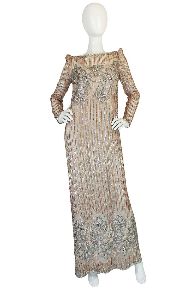 1980s Fernando Pena Gold & Pink Bead Sequin & Net Dress