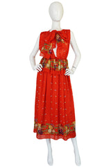 1970s Alberto Fabiani Open Slit Coral Silk Print Dress