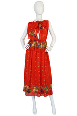 1970s Alberto Fabiani Open Slit Coral Silk Print Dress