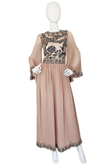 1970s Bessi Taupe Silk Jersey & Chiffon Dress