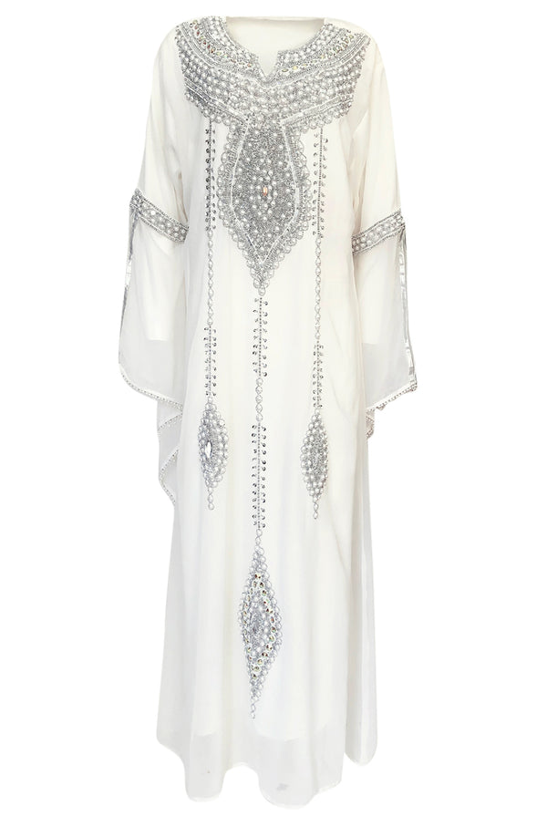 1970s Elaborate Silver, Pearl & Bead Covered Jeweled White Chiffon Caftan Dress