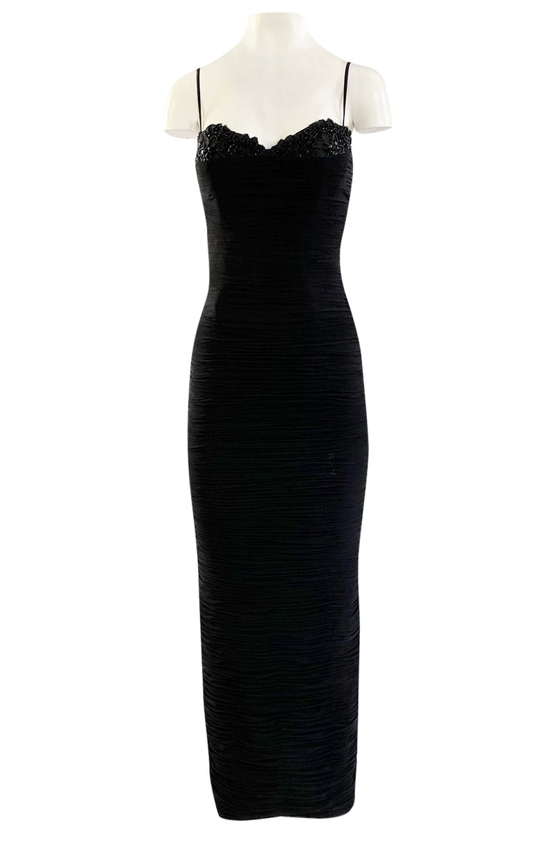 1980s Vicky Tiel Couture 'Kaimak' Gathered Black Net Fitted Dress w Beading Detailing