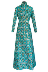 Gorgeous 1970s Mollie Parnis Turquoise Dress w Metallic Gold & Silver Detailing