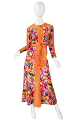 1970s Citrus Silk Print Maxi Dress
