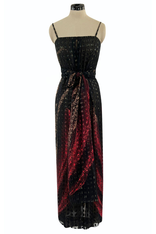 1970s Pauline Trigere Metallic Gold Thread on Pritned Silk Chiffon Dress & Sash
