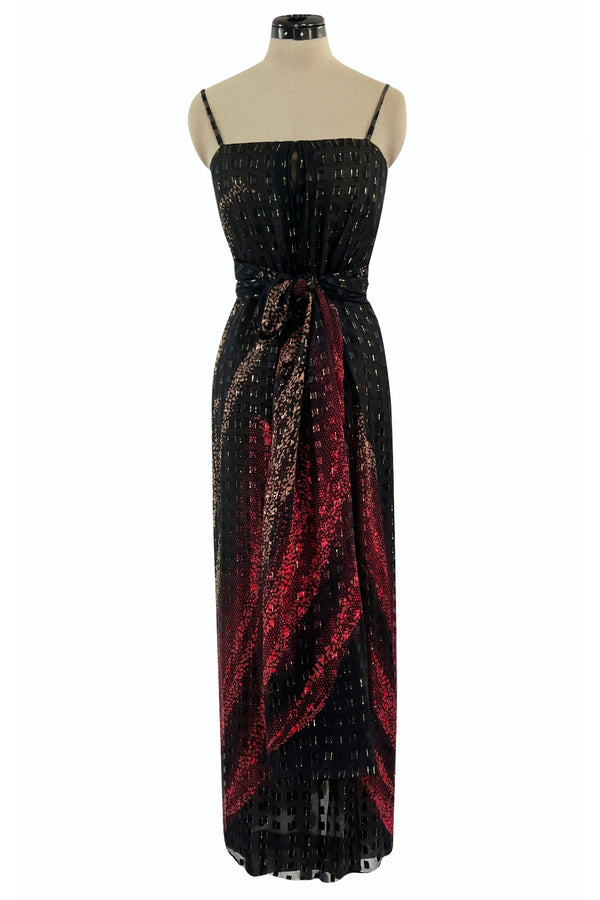 1970s Pauline Trigere Metallic Gold Thread on Pritned Silk Chiffon Dress & Sash