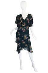 1970s Holly Harp Green Silk Tiered Dress