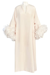 1960s Odette Barsa Loose & Easy Fitting Ivory Silk Caftan w Wide White Feather Cuffs