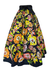1960s Hand Painted Sequin Bright Floral Print Cotton Mexican Skirt