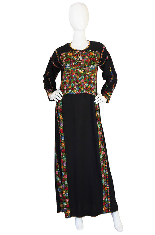 1960s Bright Thread Hand Embroidered Black Caftan