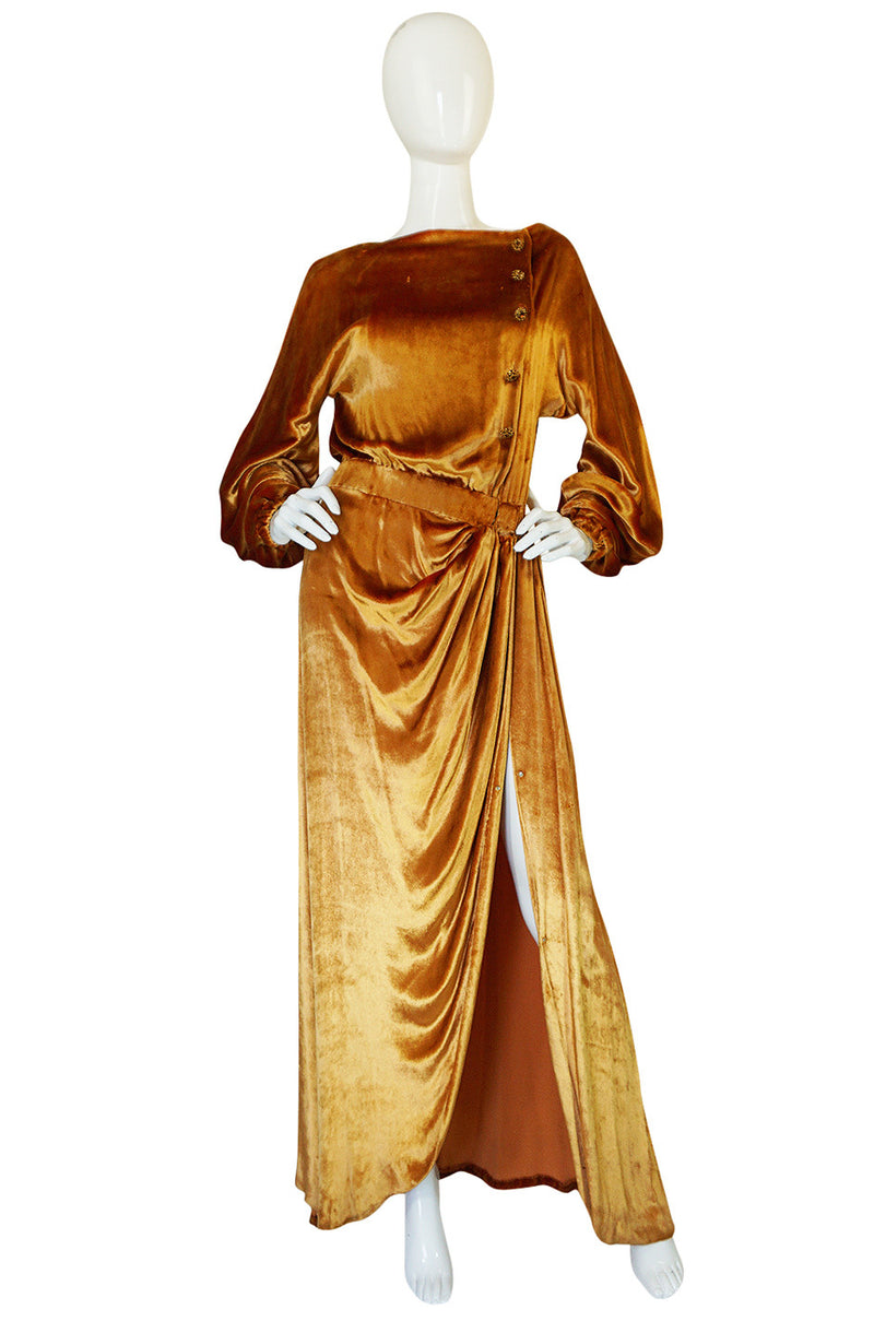 1930s Jean Patou Couture Golden Silk Velvet Wrap Gown
